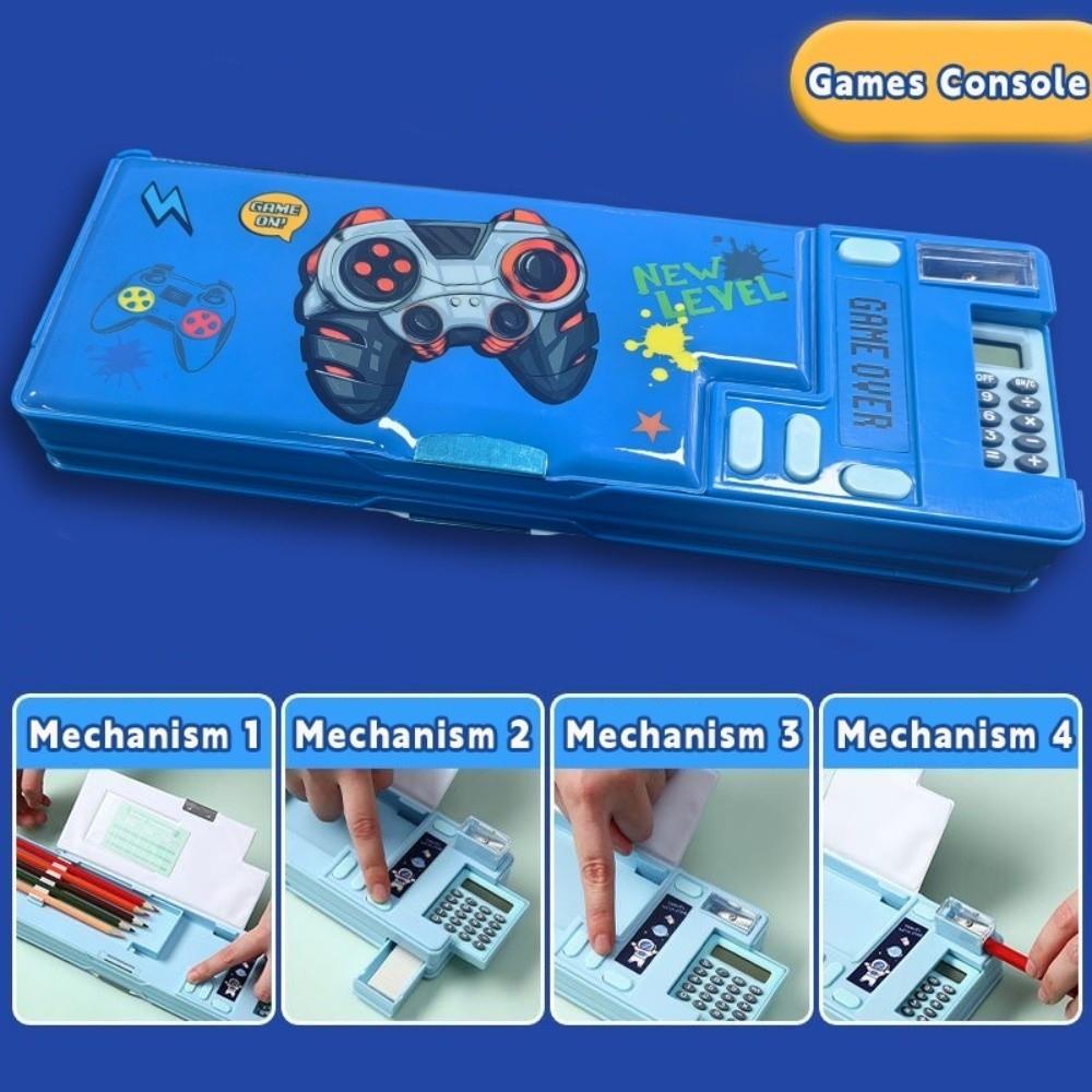 Double Layer Pencil Case With Calculator Pencil Sharpener Stationery Storage Box Plastic Astronaut/Animal Design