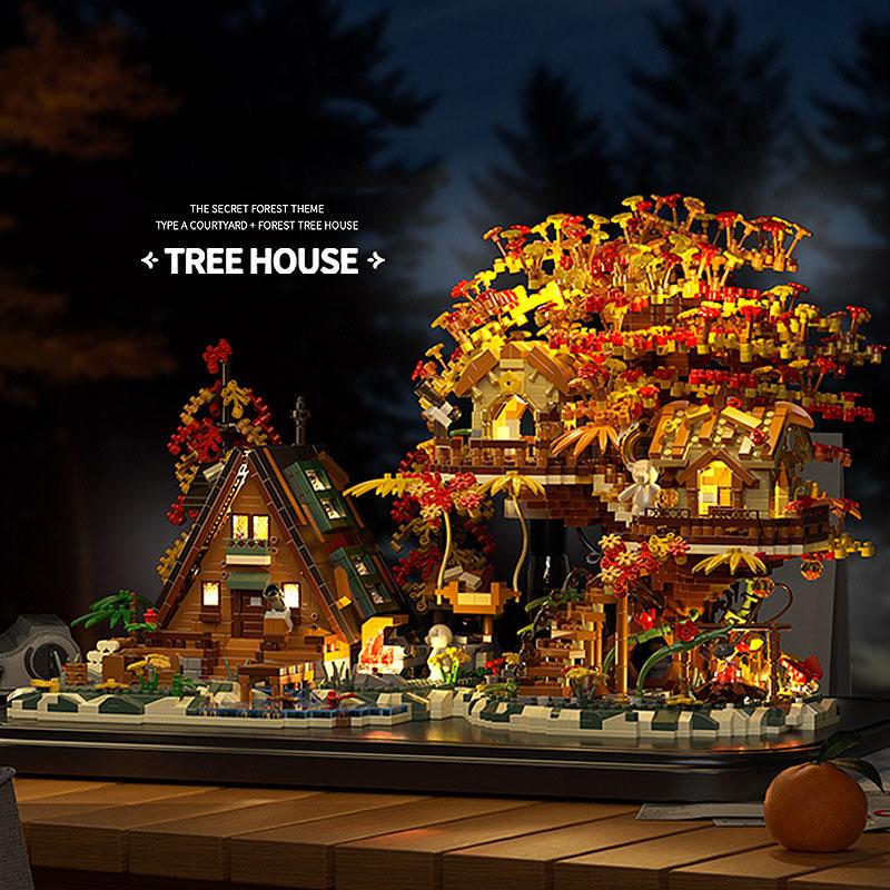 Creative Landscape Street View Small Block Autumn Cabin Tree House Construction Brick Treehouse Streetscape Figures Plaything With Light