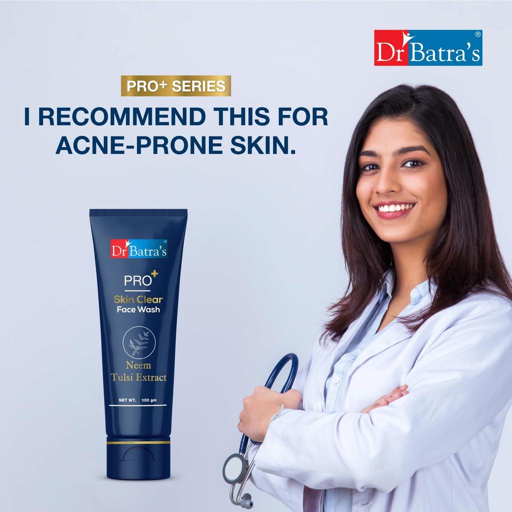 Dr Batra's PRO +Skin Clear Face Wash 100 Gm Pack of 1 for Radiant, Acne-Free, Bright, Healthy Skin, Sulphate & Soap Free