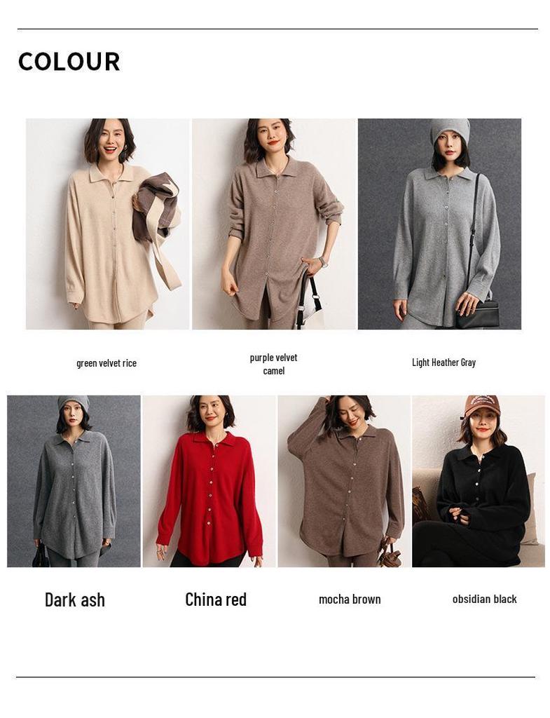 Women's Mid-Length Cashmere Cardigan Sweater - Autumn/Winter Style with POLO Collar