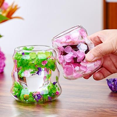 Taza de café isotérmica con diseño de flores secas, doble pared de vidrio transparente, resistente al calor, ideal para agua, leche, té, latte o jugo. Decoración de cocina.