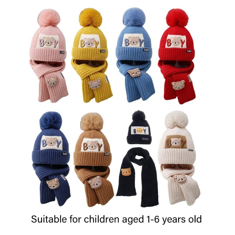 Cappello e Sciarpa Caldi Invernali Cappello e Sciarpa per Bambini Cappello-Sciarpa Ispessito Cappello Berretto Elastico con Pompon per Bambini 1-6 Anni