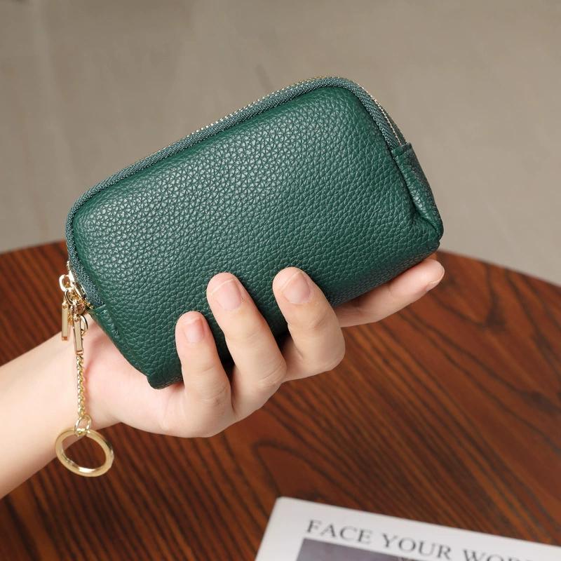 Women Leather Zipper Pouch Wallet with Keychain – Compact Coin Purse, Card Holder, Double Zipper, Everyday Carry Organizer