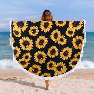Sunflower Beach Towel Round Bath Towel Blanket with Tassel Picnic Mat Super Fine Fiber Yoga Mat Soft Blanket Doormat