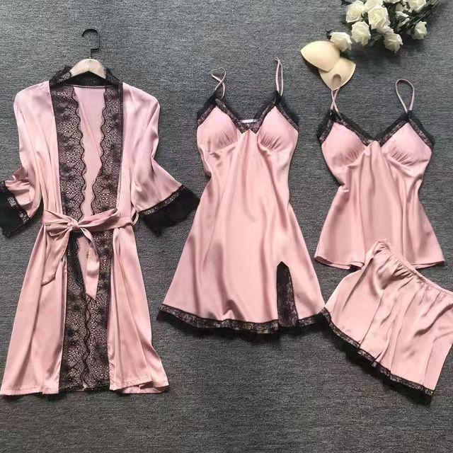 Plus Size Women's Summer Lace Pajama Set with Bra Pads - 4-Piece