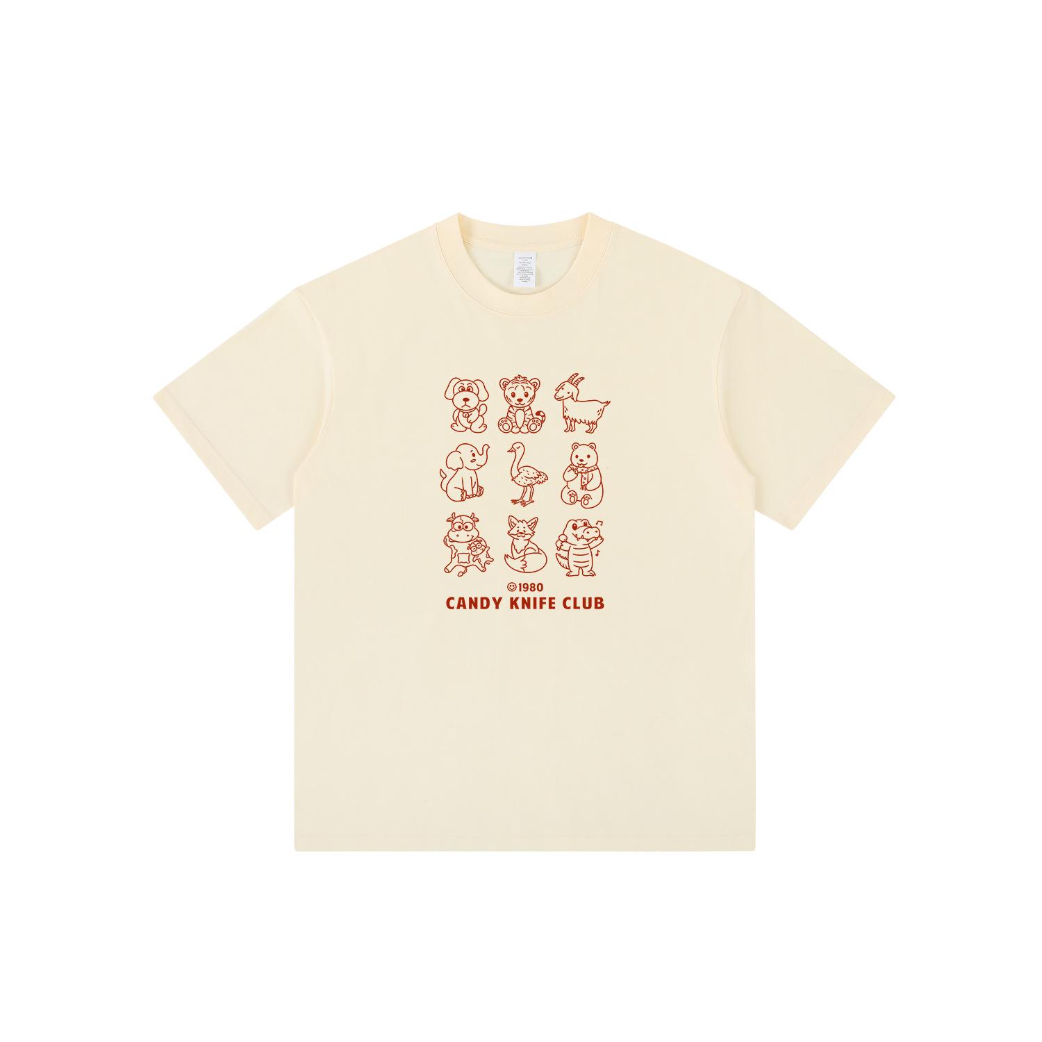 

Корейская футболка унисекс свободного кроя с минималистичным принтом животных - Летний повседневный топ с круглым вырезом L бежевый