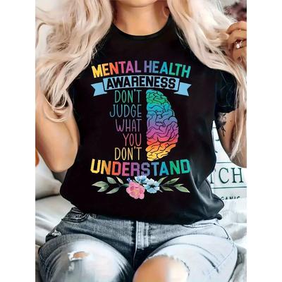 Plus Size, Print Plus Size Women's Casual T-Shirt, Round Neck, Short Sleeved, Slightly Elastic Fabric, Regular Style