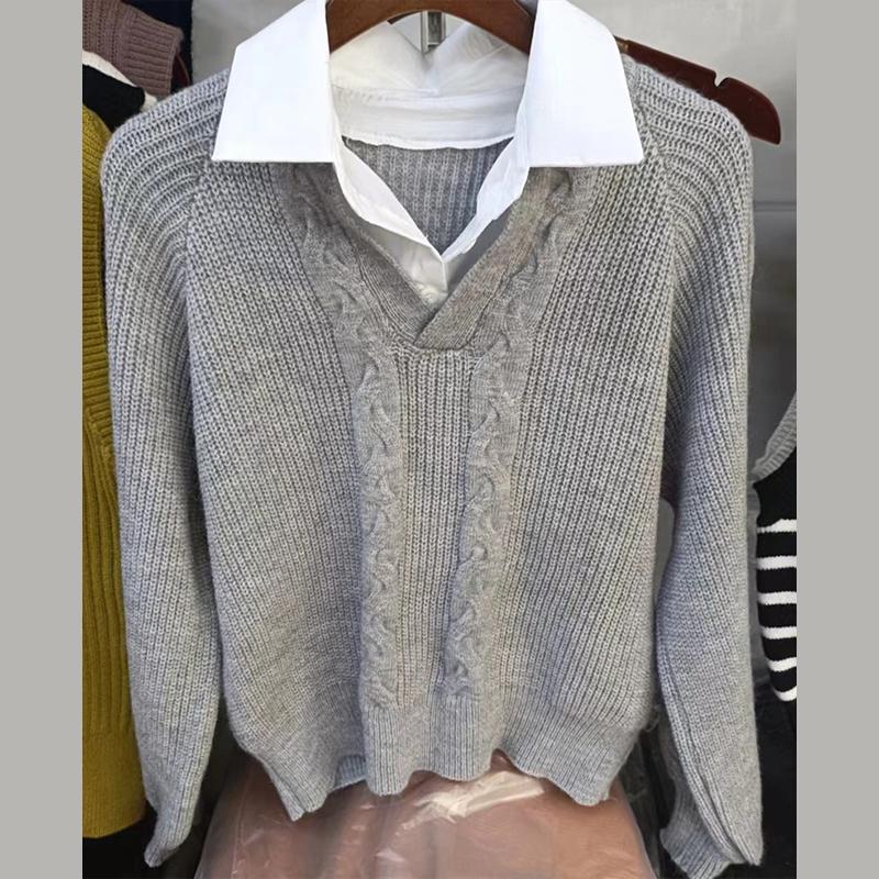 Retro svetr Dámský falešný dvoudílný polo límec s límcem Knitted Twist Top