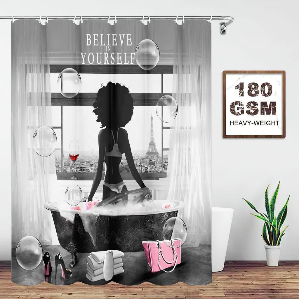 African American Girl Shower Curtain, "Believe In Yourself" Motivational Print, Sexy Heels Bubble Design, Waterproof Polyester