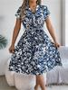 V Neck Printed Button Dress Waist Hugging Elegant Stringy Selvedge Dress for Women Batwing Sleeve Loose Dresses Causal Dress