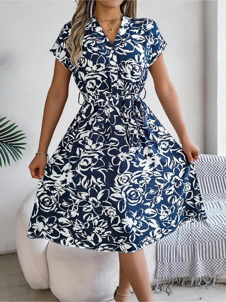 V Neck Printed Button Dress Waist Hugging Elegant Stringy Selvedge Dress for Women Batwing Sleeve Loose Dresses Causal Dress