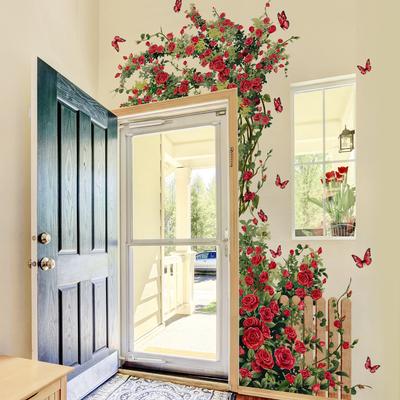 Valentine's Day Romantic Rose Bushes Fence Butterfly Valentine's Day Decorative Wall Sticker Living Room Bedroom Decorative Wall Sticker