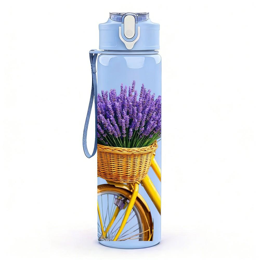 1PC Lavender Flower In Vintage Basket Print 750ml Color Plastic Sports Water Bottle Leakproof Flip Straw Lid Suitable for Sports Office Home Use