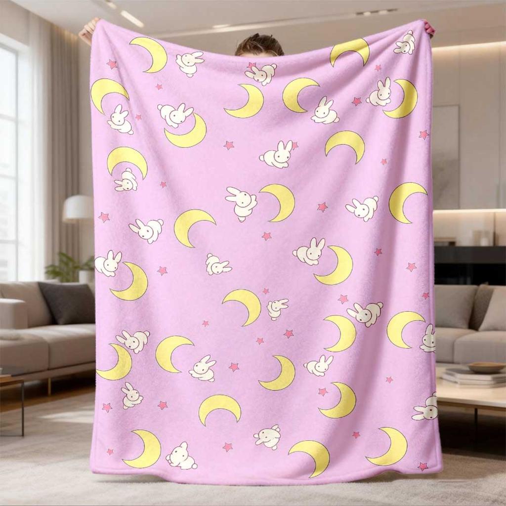 New Arrival Reversible Moon & Rabbit Flannel Blanket - Bohemian Ultrasound-pressed Throw Suitable for Sofa, Bed, Camping, Travel - - Soft Warm Bedspre