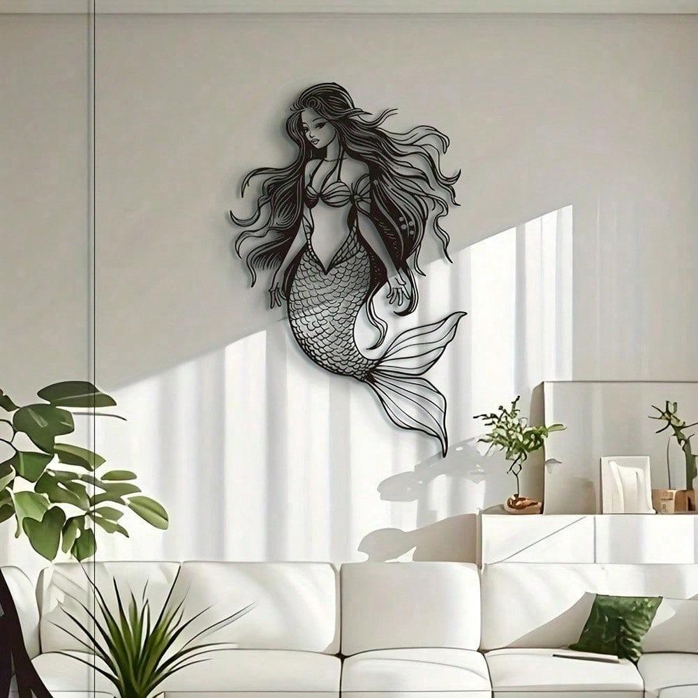 1pc Neptune's Daughter Long Hair Mermaid Minimalist Metal Wall Art - Modern Home Decor For Bedroom, Living Room, Or Bathroom.