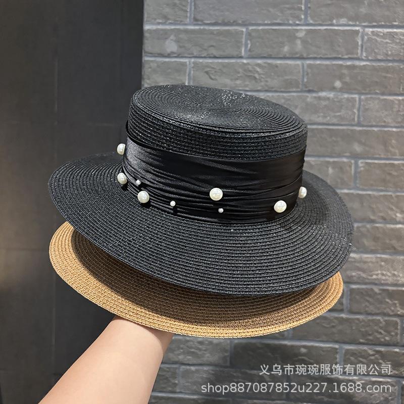 Sporadic pearls sweet small fresh flat top straw hat fashion top hat children spring and summer sun protection straw visor