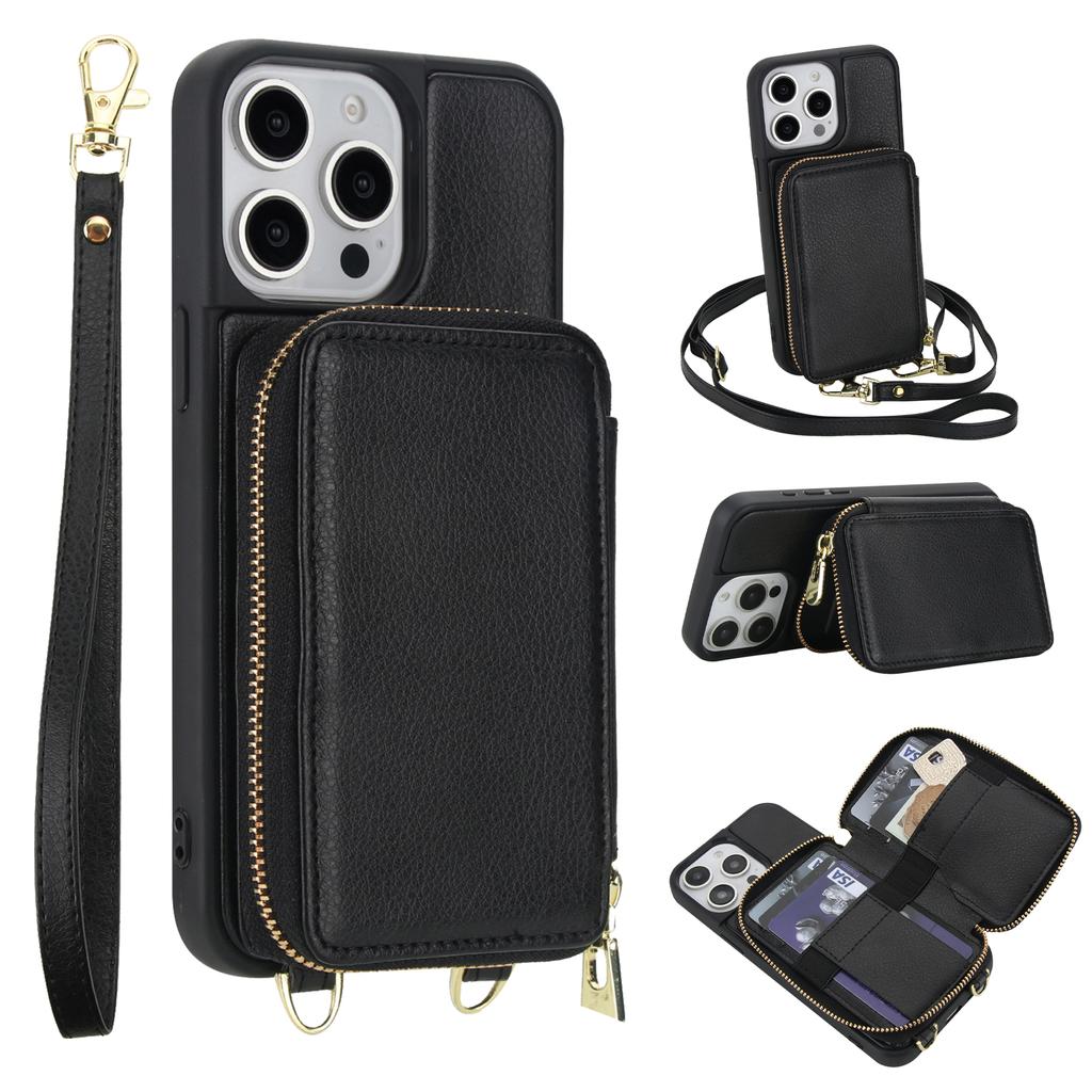 For iPhone 15 Pro Case RFID Blocking Zipper Wallet Leather + TPU Phone Cover with Shoulder Strap