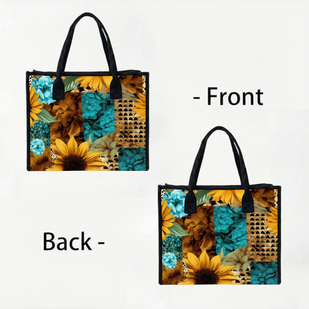 Sunflower Teal Floral Tote Bag for Women Casual Outdoor Daily Use Large Capacity Portable Handbag