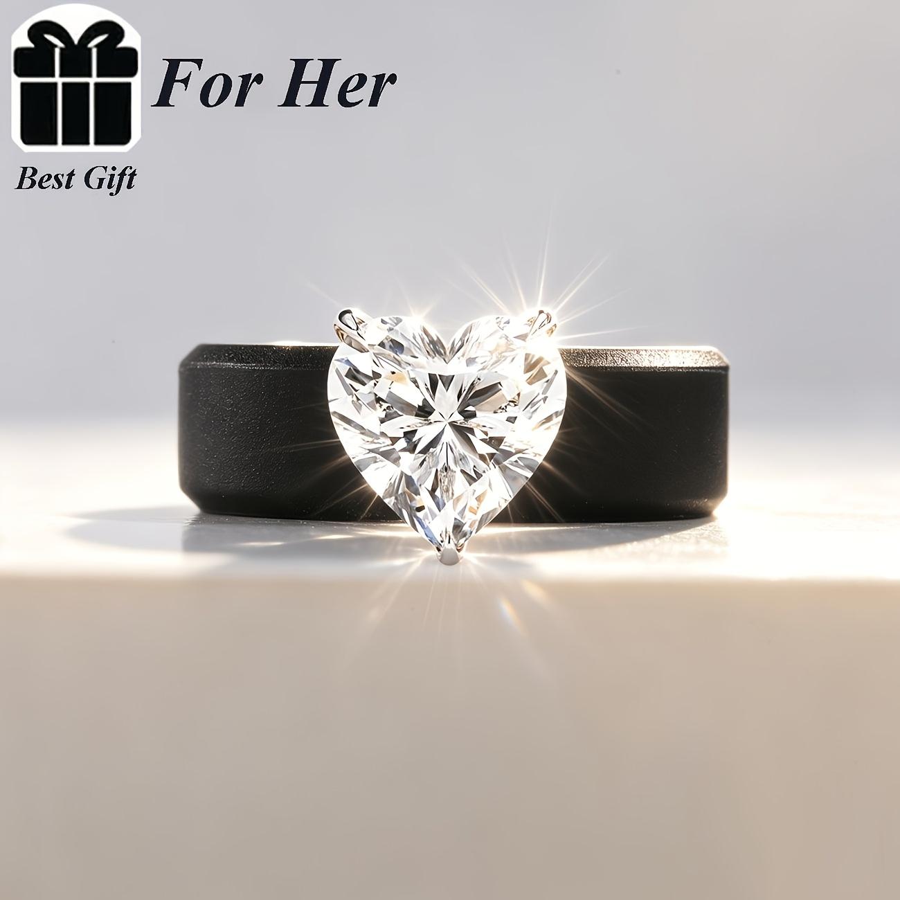 Cooles Schwarzes Silikonband mit großem Solitär-Herz-CZ, Leichter Kratzfester Stapelbarer Valentinstags-Jubiläumsgeschenk-Ring 10 white