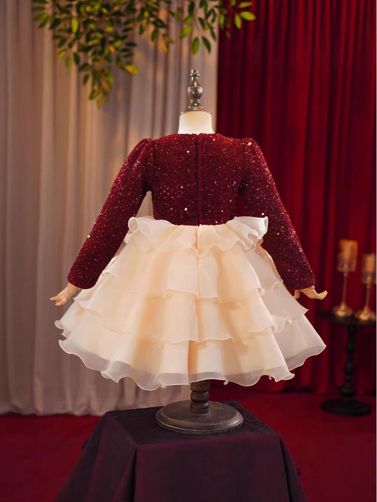 Girls' Wine Red Sequin Skirt with Bow & Tulle - Autumn/Winter Formal Christmas Dress