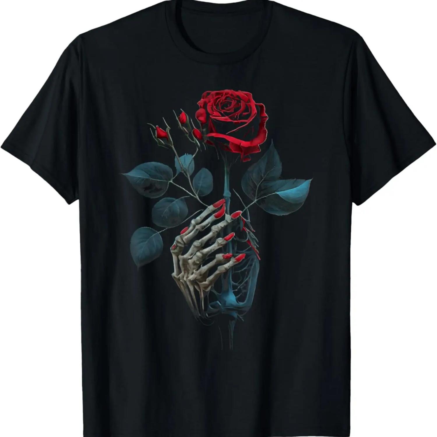 Skeleton Hand Red Rose Flower Graphic Tees for Men Women T-Shirt S чёрный