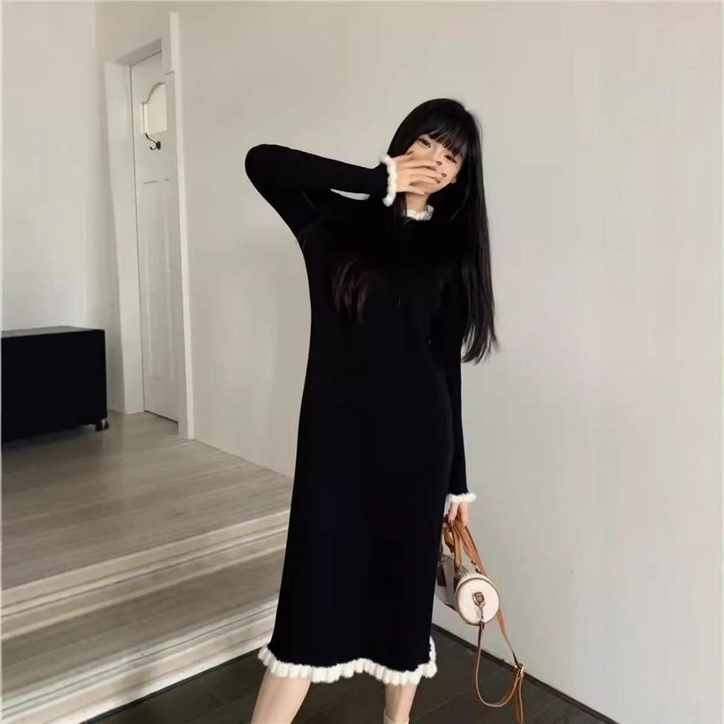 High-End Long Sleeve Knit Sweater Dress - Women's Mid-Length Casual Outerwear