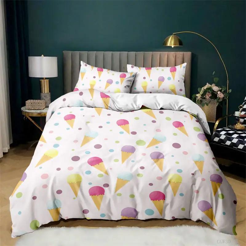 Dessert Theme Bedding Set Microfiber Ice Cream Donuts Pizza Fruits Pattern Duvet Cover Single King For Kids Adults Bedroom Decor
