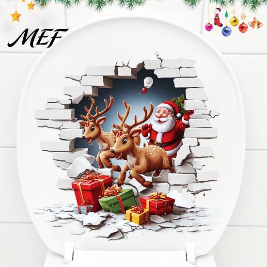 Decorative Bathroom Stickers Santa Claus Toilet Sticker, Elk And Gift Box Print, 3D Festive PVC Wall Decals Christmas Decal, Removable Waterproof