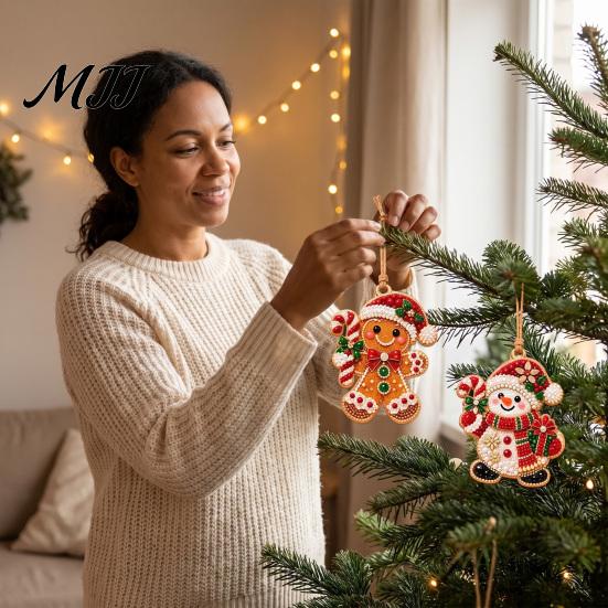 Handcrafted Christmas Keepsake 10 Pcs Faux Diamond Painting Art Ornaments, DIY Pearl Beads Holiday Craft Set with Wooden Base Jute Twine, Complete