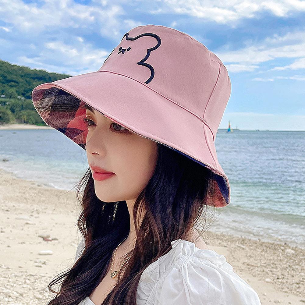 Fishing Hat Cotton Double-sided Embroidered Bear Pattern Sunshade Bucket Beach Hats