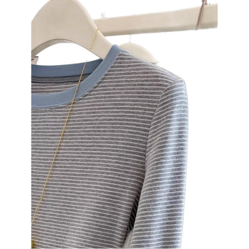Striped Two-in-One Long-Sleeve Shoulder T-Shirt for Women, Spring/Fall 2024 Collection.