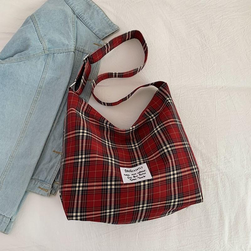Casual plaid printed shoulder bag College style fashionable versatile tote bag large capacity textured messenger bag women