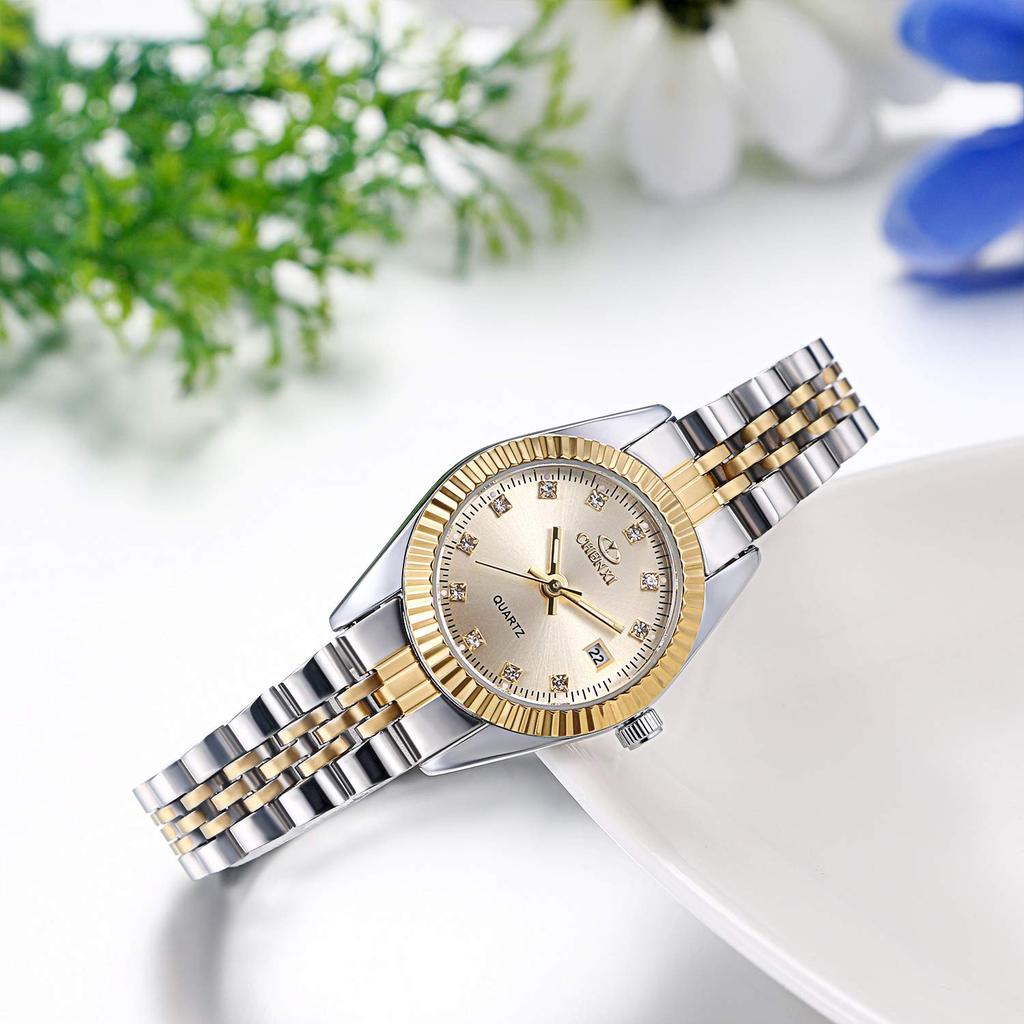 JEWELRYWE Women's Watch, 3ATM Water Resistant, Calendar Function, Luminous Analog, Japanese Quartz Movement, Stainless Steel Strap, Gold, Fashion