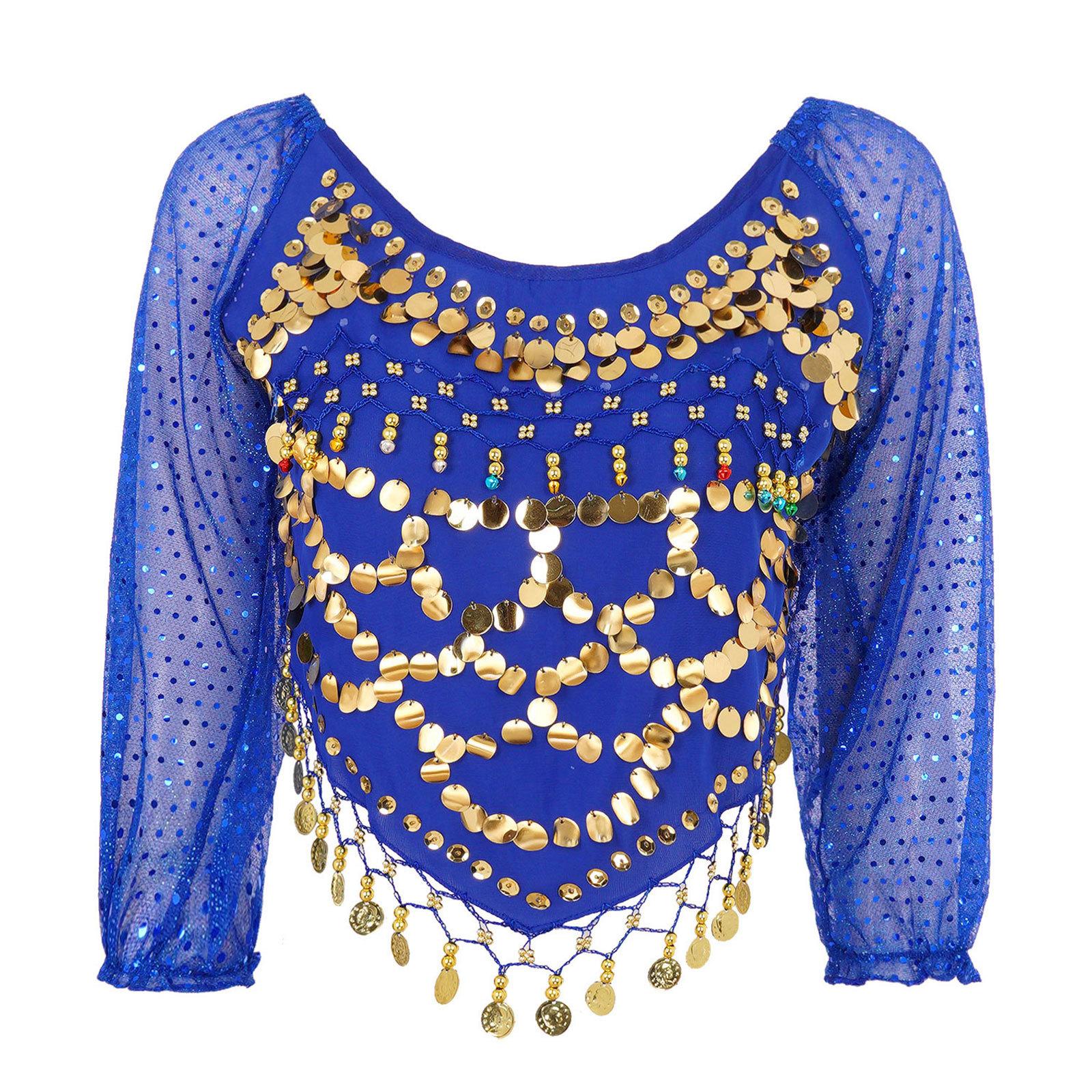

Жіночий топ для танцю живота з паєтками, з довгим рукавом, шифоновий, з зав язками на спині, кроп-топ для карнавалу One Size королівський синій колір