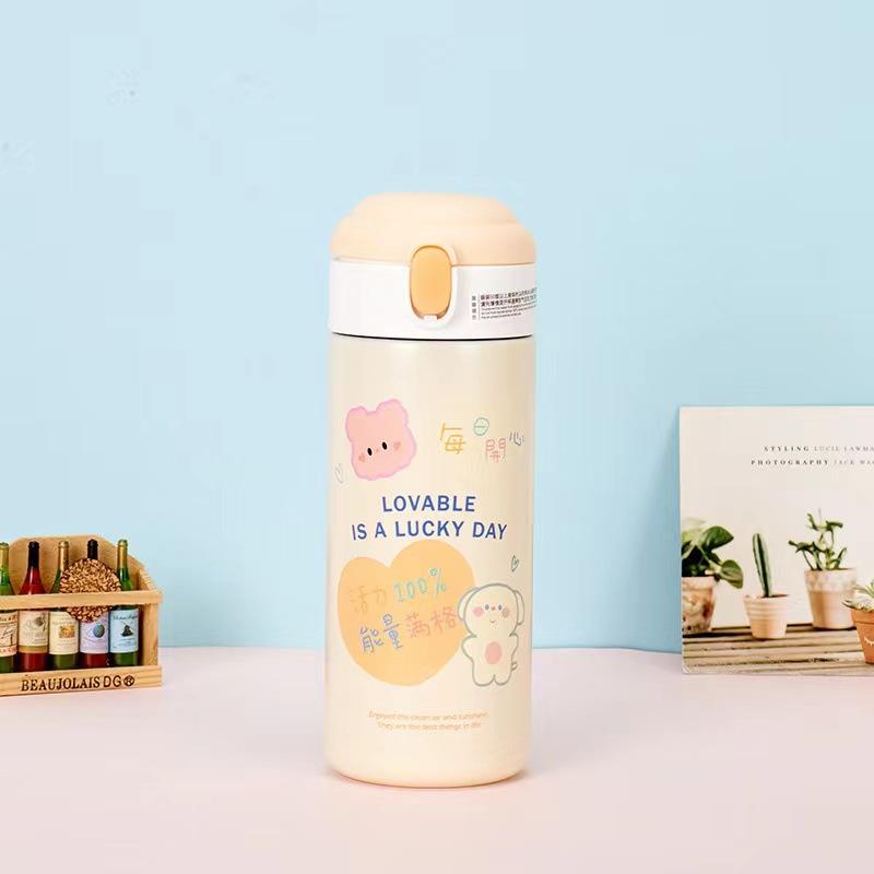 380ml Cute Cartoon Thermos Cup Stainless Steel Bouncing Cover Straw Mini Vacuum Flask Outdoor Water Bottle