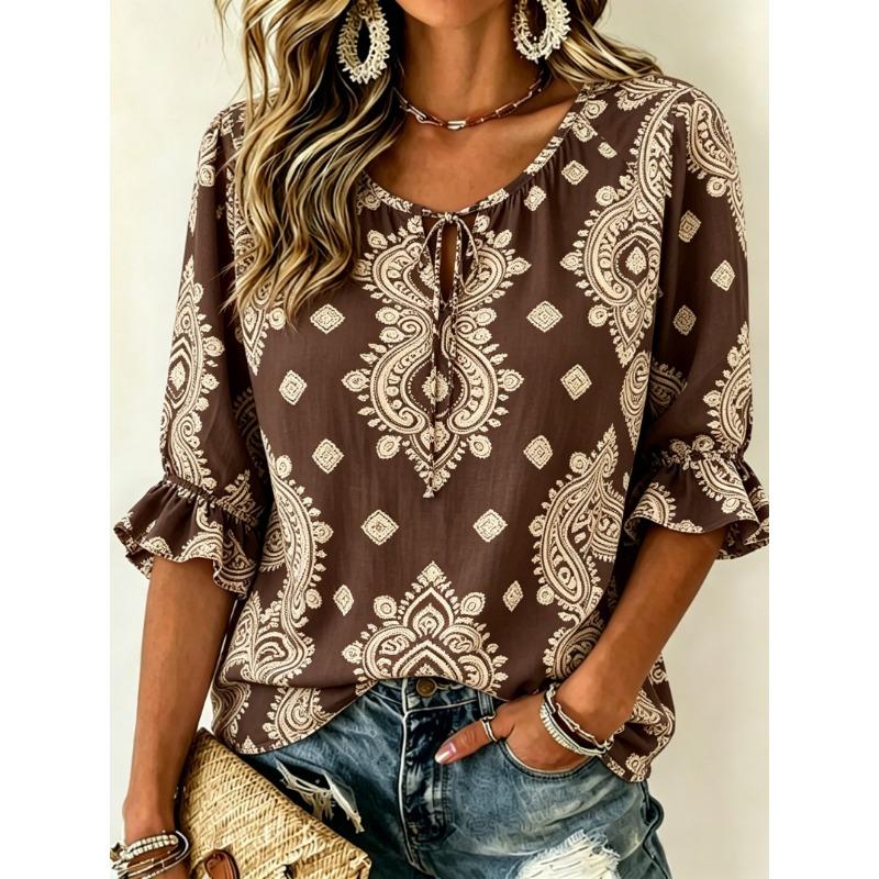 Women's Light Blue Paisley Print Tie Front Blouse, Casual Loose Top for Spring Summer Daily Wear