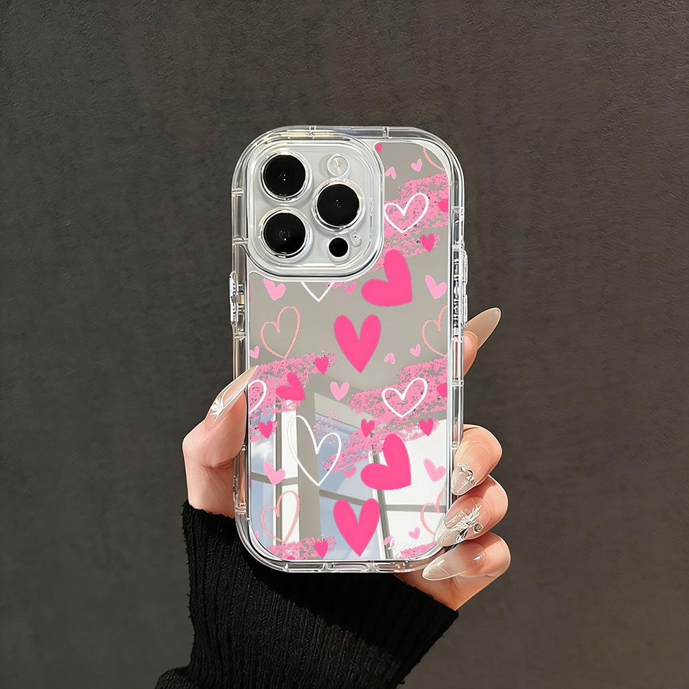 Phone Case For iPhone 17 16 15 14 13 12 11 Pro Max XS X XR 7 8 Plus Make Up Mirror Shockproof Soft Popular Cute Love Heart Cover