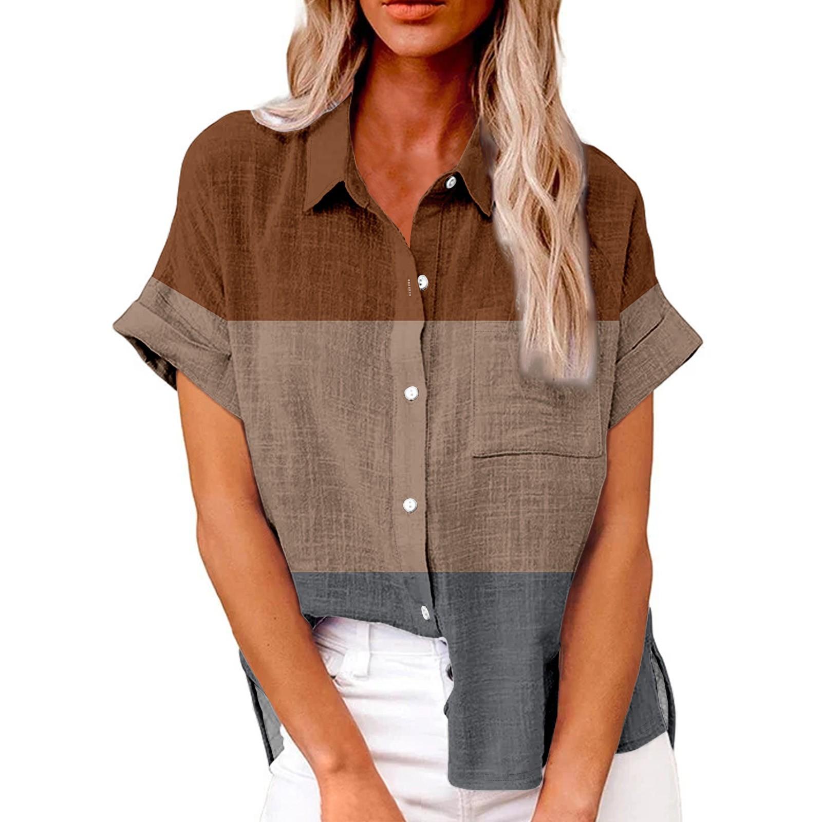 Женская модная свободная повседневная рубашка с короткими рукавами и отворотами — фото 11