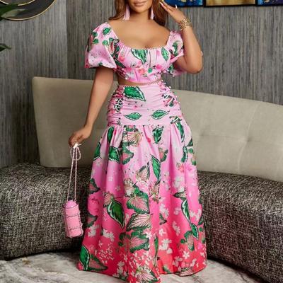 Ladies Summer Casual Leaf Gradient Print Two Piece Set