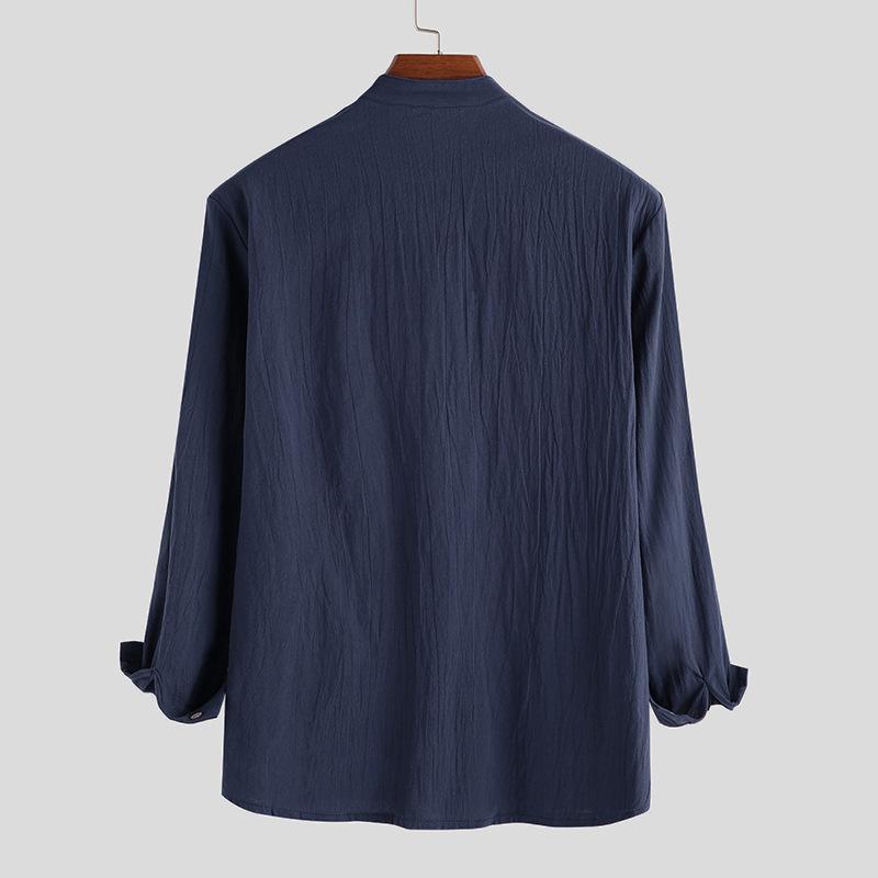 Spring Autumn Men's Casual Loose Solid Color Cotton Linen Long Sleeved Shirt T-Shirts Men’s