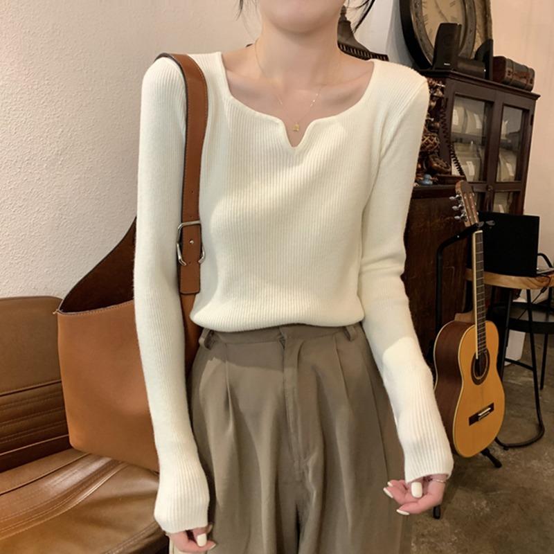 Fashion Square Collar Inner Knitted Pullover Bottoming Sweater Autumn Winter Slim Fit Office Loose Tops Knitwear V Neck Solid Basic Sweet Clothing