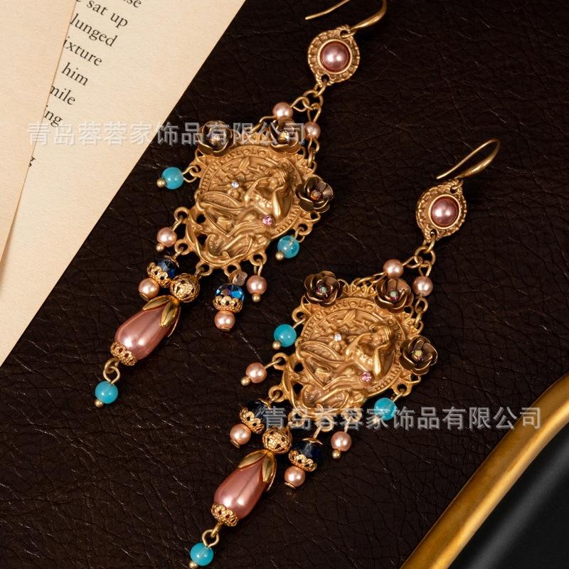 Medieval Vintage Jewelry Antique Heavy Industry Gold Dreamy Princess Relief Pearl Pendant Earrings