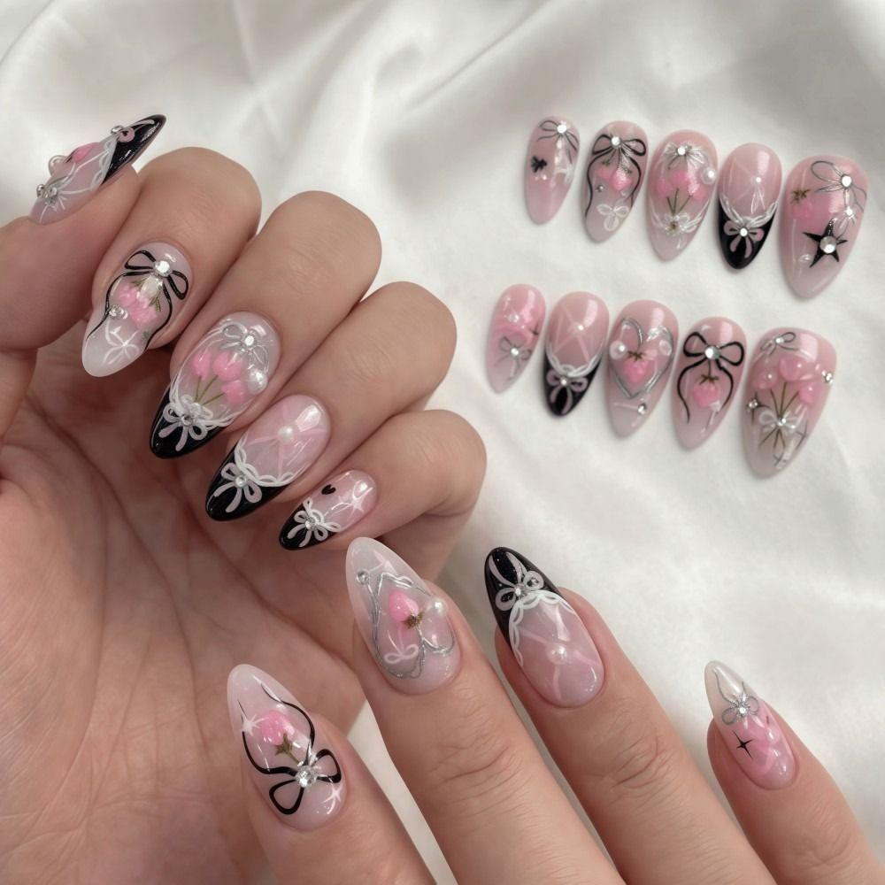 30 Tablets/Box Almond-shaped Press-on Nails Bow Design Artificial Nail Tips Women and Girls