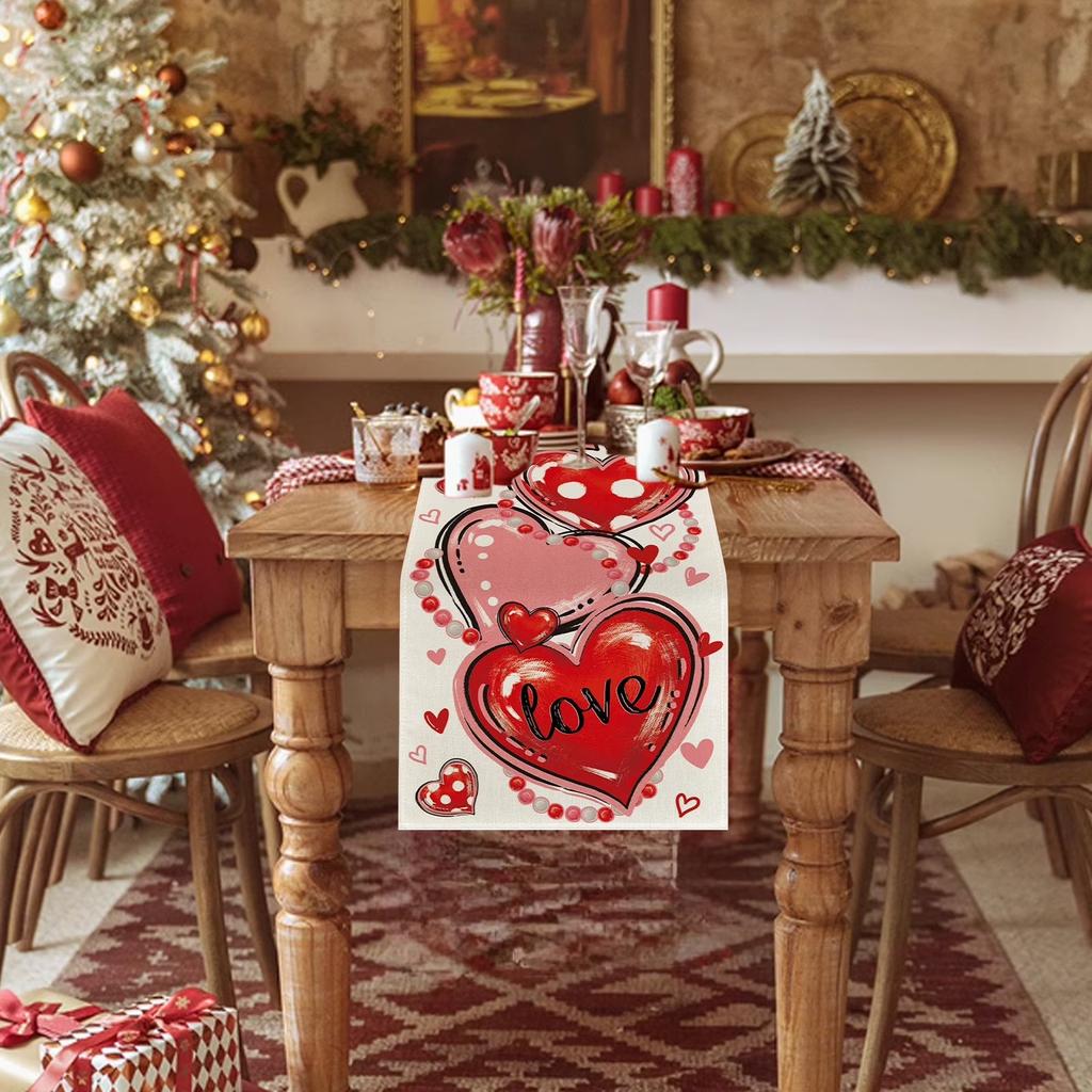 Valentine's Day Red Love Hearts Table Runner, Super Soft Tablecloth, Anniversaries, Engagement, Kitchen Dining Fireplace Mantel Decor