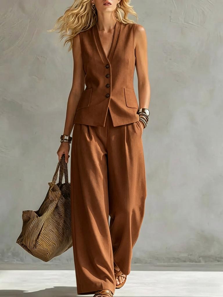 Women's Sleeveless Vest Two Piece Set V Neck Button Waistcoat Wide Leg Pants Linen Blend Commuter Suit Summer Outfit