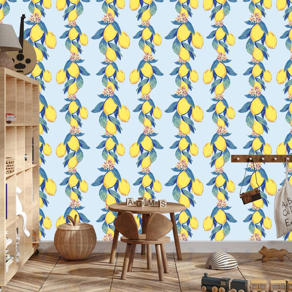 Lemons with leaves and flowers wallpaper for living room and bedroom 50x1000