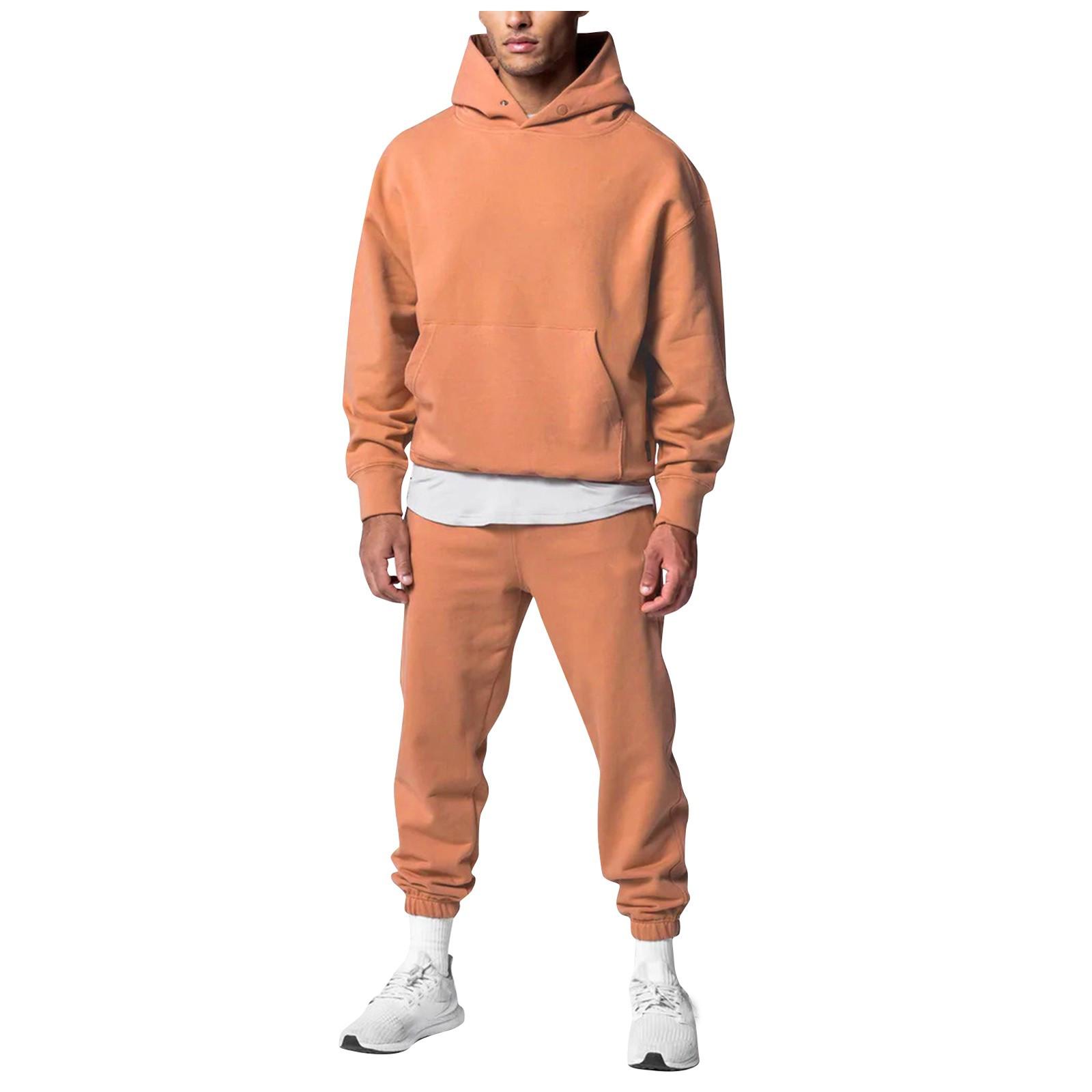 

Свободный спортивный и фитнес-костюм для мужчин, модная повседневная толстовка с капюшоном и брюки, комплект из двух частей из хлопка XXL оранжевый