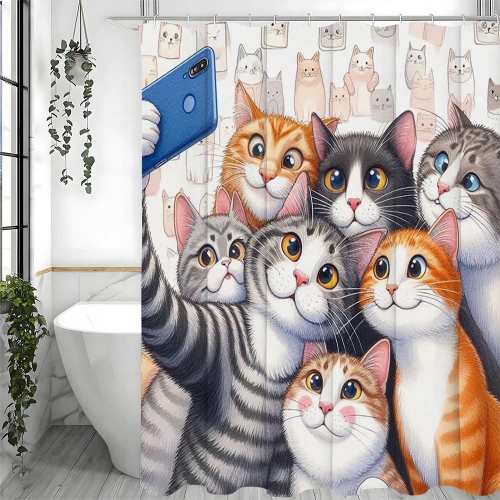 Cute Cartoon Cat Photo Shower Curtain, Bathroom Decorative Shower Curtain, Waterproof Shower Curtain With Hooks W60H190(CM)-1 Pcs