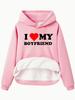 European & American Women's Fleece-Lined Hooded Sweatshirt with Kangaroo Pocket - Valentine's Day Print