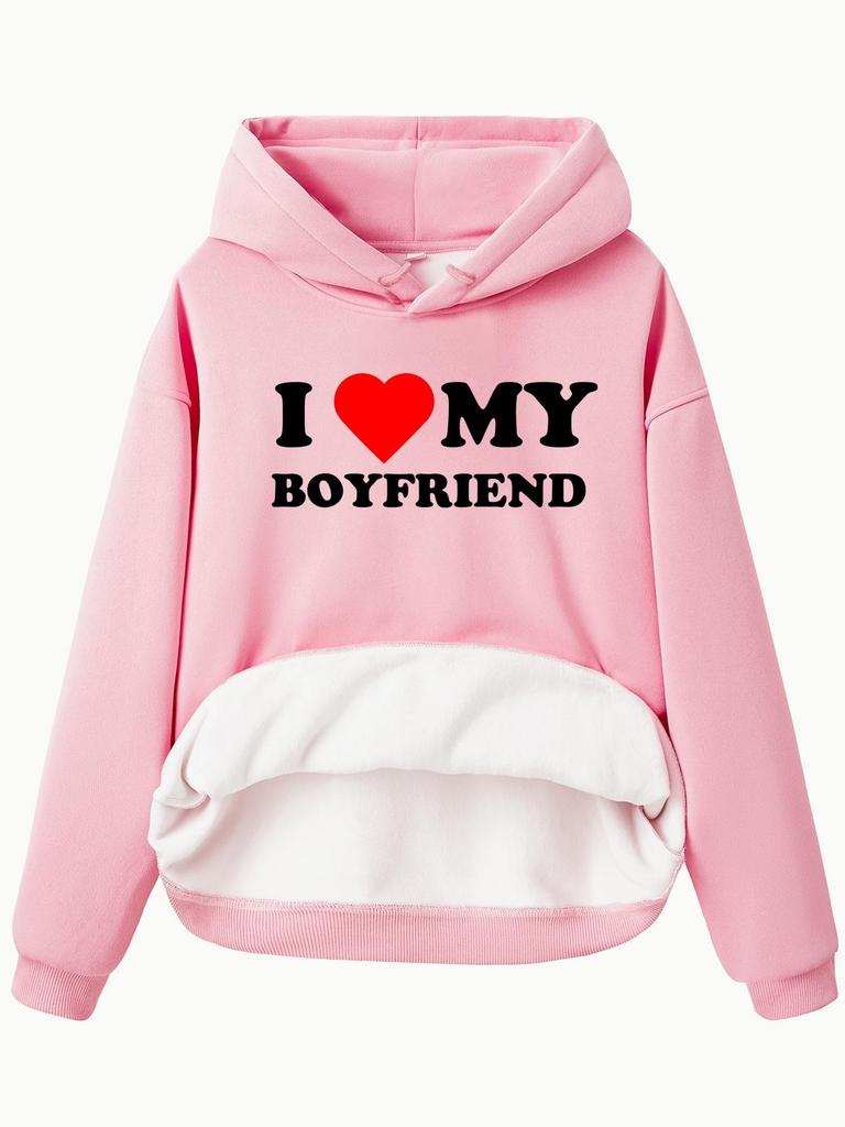 European & American Women's Fleece-Lined Hooded Sweatshirt with Kangaroo Pocket - Valentine's Day Print